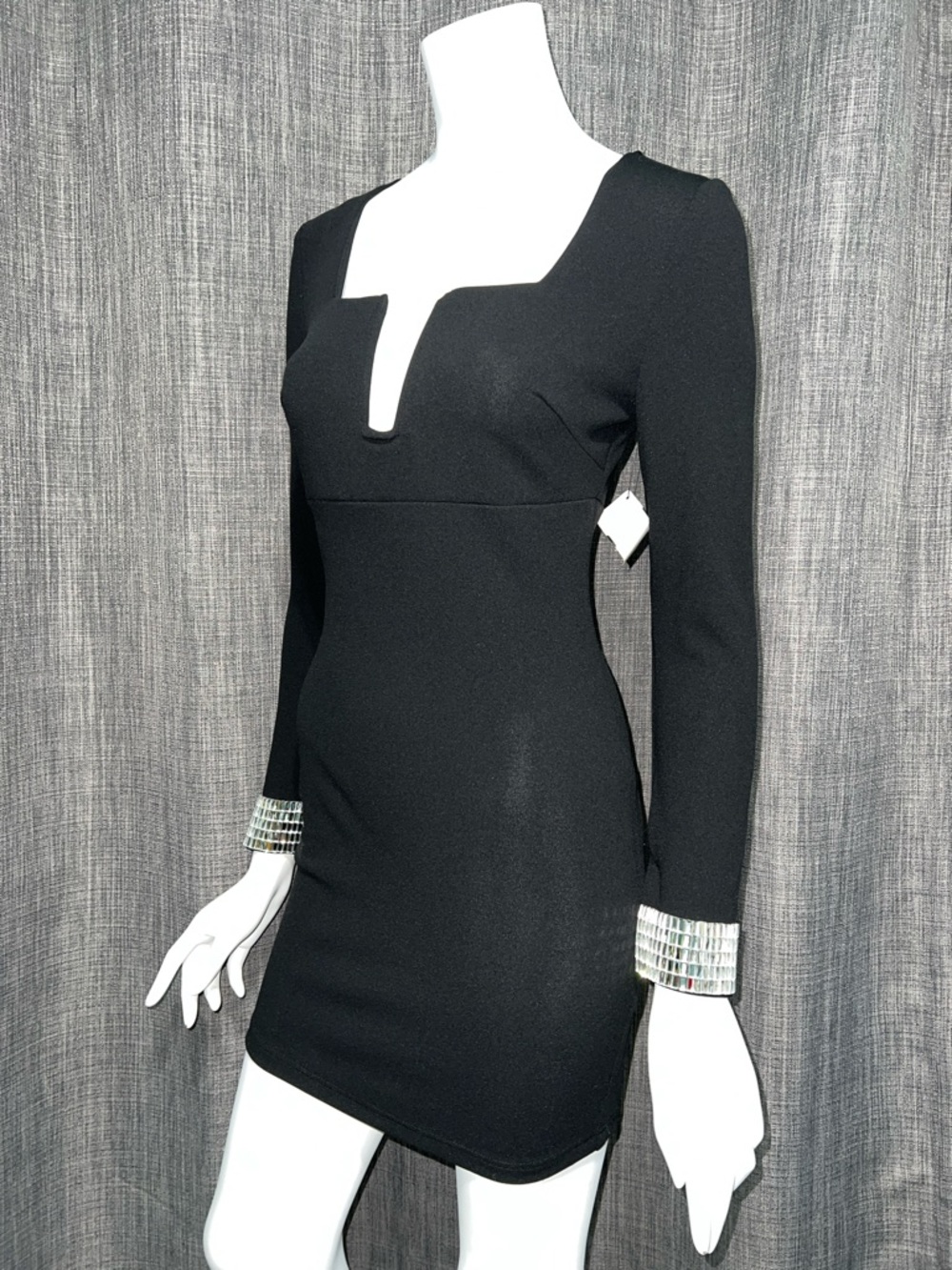 AKIRA Chicago Embellished Cuff Deep V Long Sleeve Little Black Dress NWT Small